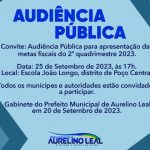 AURELINO LEAL: AUDIÊNCIA  PÚBLICA APRESENTARÁ METAS FICAIS DO  2º QUADRIMESTRE 2023